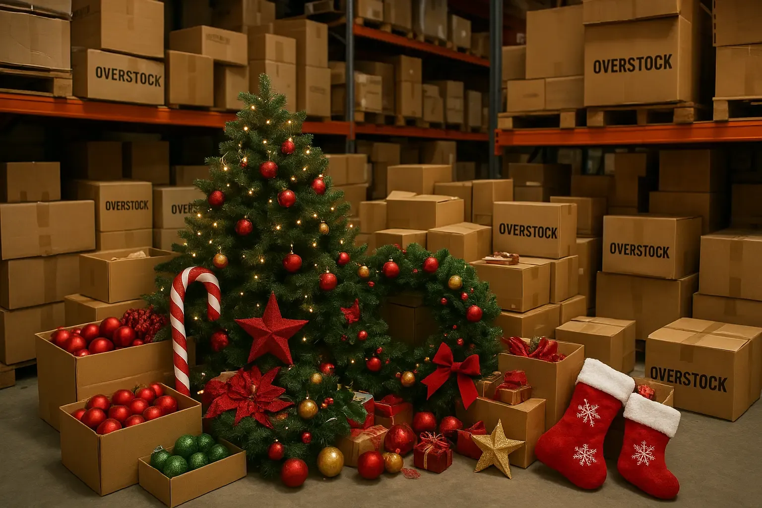 Overvolle opslagplaats met kerstdecoratie, waaronder een versierde kerstboom, rode en gouden ballen, kerstkransen, cadeaudozen en dozen gemarkeerd met ‘overstock’