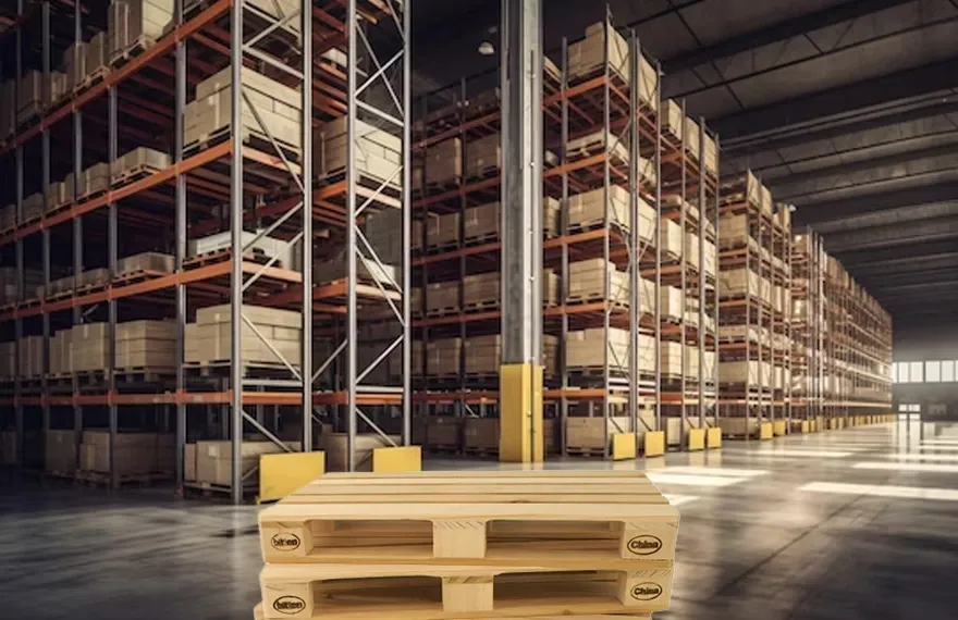 Twee bruine europallets op elkaar gestapeld in een warehouse, met op de achtergrond hoge opslagrekken met dozen